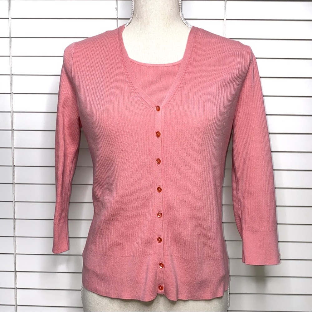Talbots Pink Ribbed V-Neck Cardigan with Matching Shell